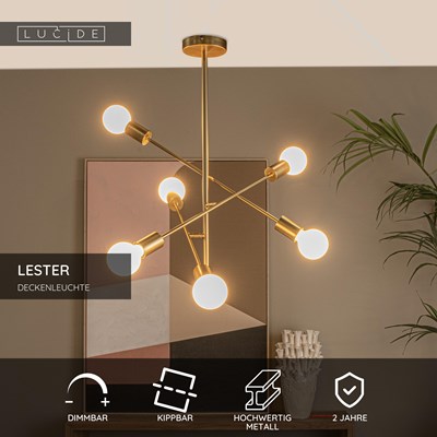 Lucide LESTER - Deckenleuchte - 6xE27 - Mattes Gold / Messing